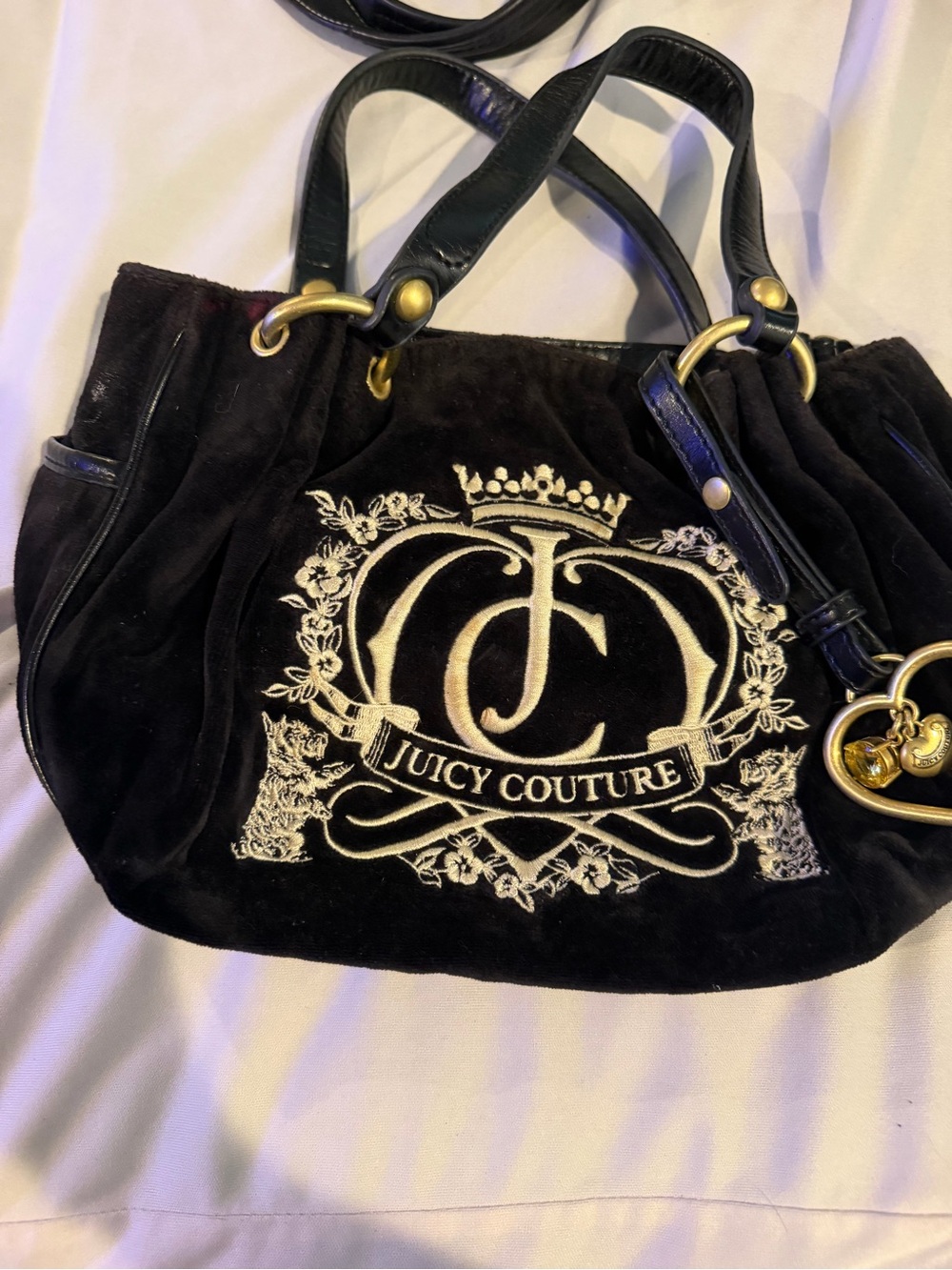 Juicy Couture Black Velvet Shoulder Bag with Cream Embroidered Logo